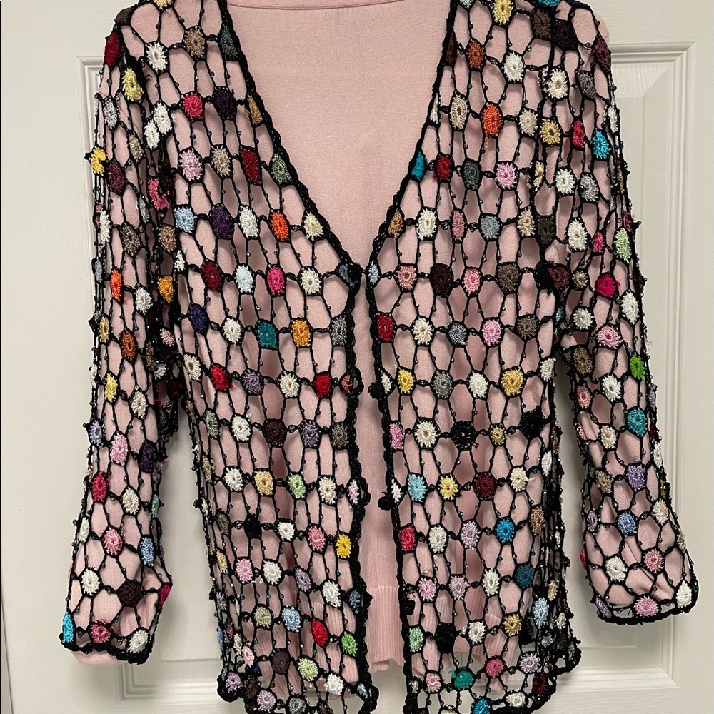 Vintage Boho Chic Crocheted Sweater - Vest with Sparkles and Open Weave
